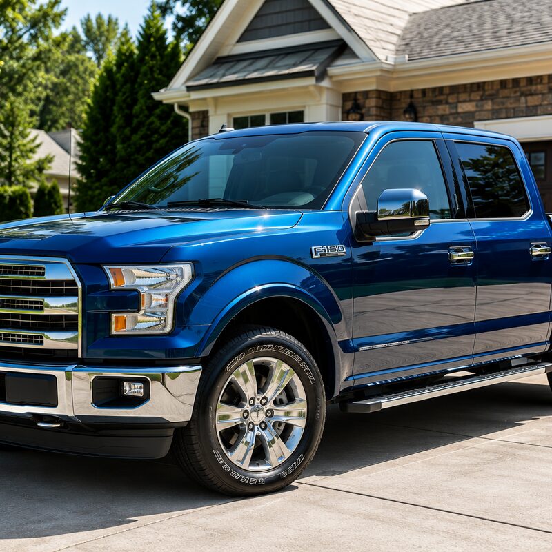 Freshly detailed blue pickup truck with a glossy, mirror-clean finish