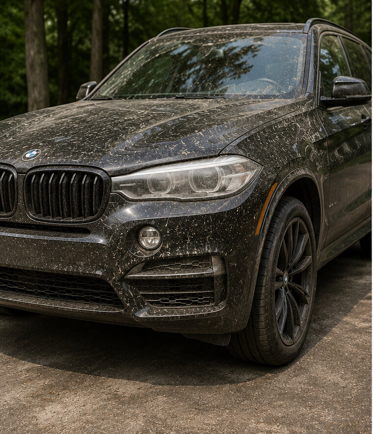 Same SUV before mobile detailing, covered in dust and pollen